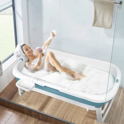 Obrázok produktu pre LZQ Skladacia vaňa 128 cm Prenosná skladacia vaňa s mydlovým košom, vankúš na krk, odnímateľný kryt pre deti, dospelých, domáce zvieratá