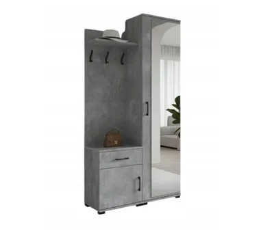 Zdjęcie produktu dla Garderoba ERYK z lustrem 40 x 90 x 190 cm – nowoczesny wieszak do przedpokoju w stylu betonu z wieszakami na ubrania