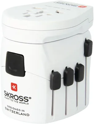 Immagine prodotto di SKROSS 38562 World Adapter PRO World & USB, bianco - adatto a tutti i dispositivi con e senza messa a terra (a 2 e 3 poli), con caricatore USB integrato