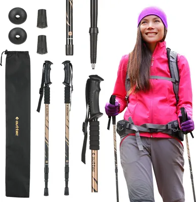 A collage of trekking poles and a woman wearing trekking gear.