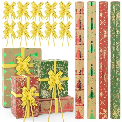 4 Rollen Weihnachts-Geschenkpapier, Goldfolie, 43 cm x 3 m