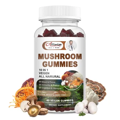 Produktbild von Mushroom Gummies (60 Vegan Gummibärchen) Nahrungsergänzungsmittel, Gehirn, Konzentration, Gedächtnis, Fokus, Immunsystem, Energie, Kognitive Fähigkeit