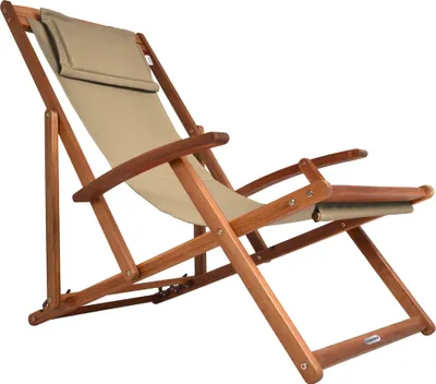 A wooden deck chair with a beige fabric seat and headrest, shown against a white background.