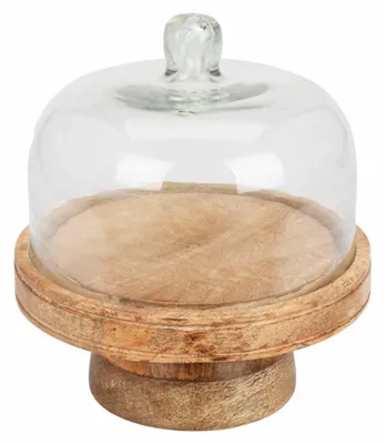 Immagine prodotto di HOWHOMELY | Piatto da torta - Vassoio da torta - 19 x 17 cm - in legno di mango - Alzata per torte - con campana di vetro - per la cucina