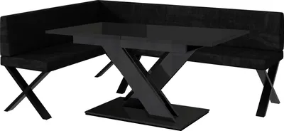 Produktbild von MEBLINI Eckbank für Esszimmer mit ausziehbarem Tisch - Küchenbank - Essecke - Sitzecke Küche - PETER - X-Beine 142x196x87cm Links - Schwarz Samt/B Schwarz Hochgl.