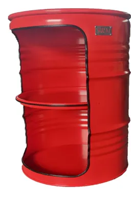 A red barrel-shaped shelf unit.