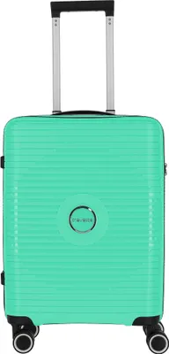 A studio shot of a green trolley suitcase.