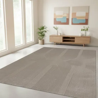Produktbild von TapisTrend Designerteppich Beige 120x170 cm Moderner Teppich mit erhabenen geometrischen Bögen und konzentrischen Linien für Wohn- und Schlafzimmer