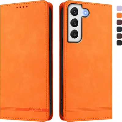 Produktbild von Hülle für Samsung Galaxy S21 FE 5G, Retro Kunstleder Ständer Klapphülle mit Kartenfächer und Magnetische Orange