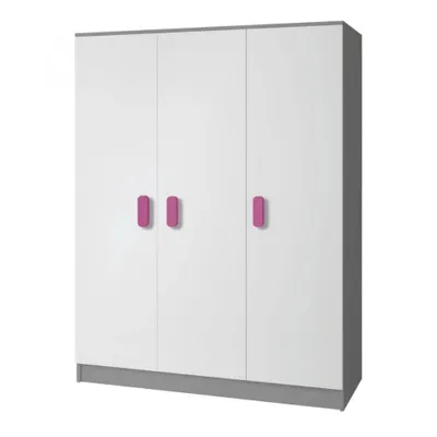 A three-door wardrobe with pink handles.