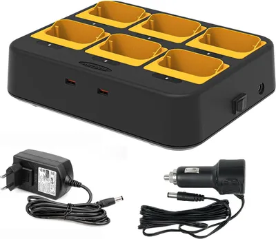 Obrázek produktu pro Retevis RB648 6násobná nabíječka pro vysílačky, 2 USB porty, napájení AC/DC, LED indikátor nabíjení, účinnost a bezpečnost, kompatibilní s RB648/Pro/Plus