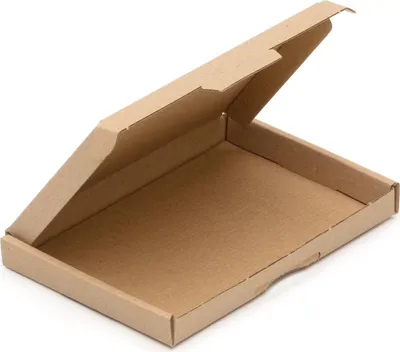 An open, empty cardboard box on a white background.