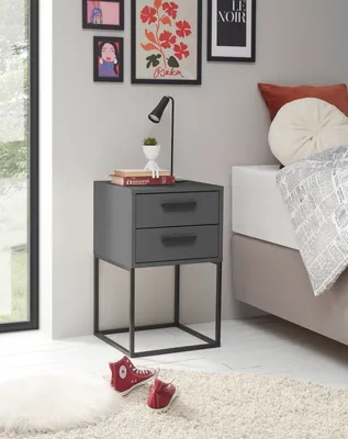 Produktbild von SUNA Nachttisch in Graphit - Moderner Nachtschrank mit Schubladen und schwarzem Metallgestell - 40 x 65 x 38,5 cm (B/H/T)