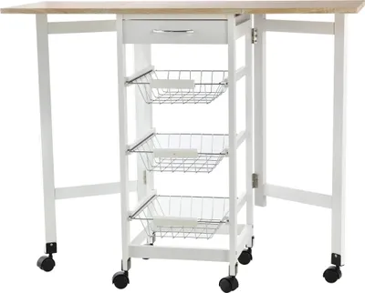 Image de Chariot de cuisine - Chariot de service pliable - 6 roulettes - 1 tiroir - 3 paniers métalliques - 97,2 x 37 x 77,5 cm - Blanc