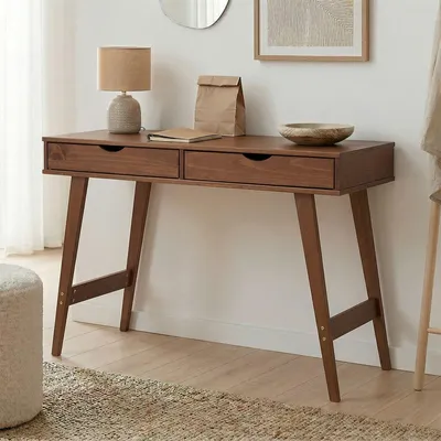 Produktbild von Schreibtisch MILO mit 2 Schubkasten, Massivholz, stabil und langlebig, ideal für Home-Office, Kastanien farben, Schubladen für Stauraum
