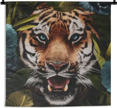 Produktbild von MuchoWow® Wandteppich Wandbehang Tiger - Dschungel - Blumen 150x150 cm Tapisserie Dekoration Wandtuch - Wohnaccessoires - Modernes