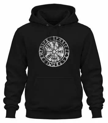 Obrázok produktu pre Vegvisir Viking Compass Nordic Runic Circle Protection Symbol North Uni mikina s kapucňou, čierna, L