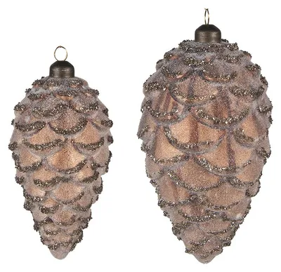Obrázek produktu pro Clayre & Eef Vánoční koule sada 2 jedlových kuželek Ø 9 / Ø 7 cm Hnědé sklo