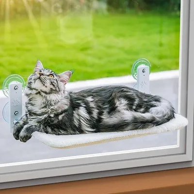 Produktbild von Famanu Katzenhängematte 54 x 30 cm - Klappbares Katzenbett für das Fenster, stabil mit Saugnäpfen bis 18 kg, weiß