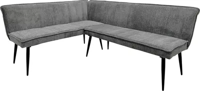 A corner bench with gray upholstery and black legs, shown against a white background.