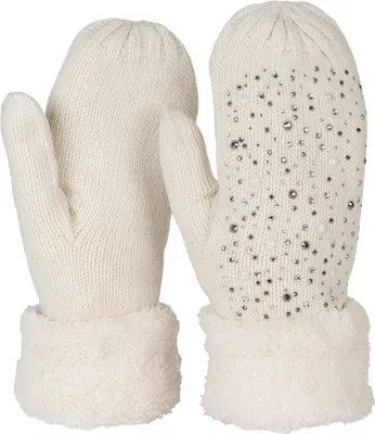 Produktbild von styleBREAKER Damen warme Winter Strick Fäustlinge mit Strass und Perlen, Handschuhe, Thermo Fleece, Strickhandschuhe 09010039