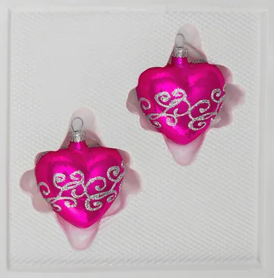 Produktbild von 2 tlg. Glas-Herzen Set in "Hochglanz-Pink-Silberne-Ornamente