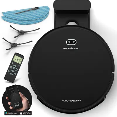 A black robot vacuum cleaner is displayed with its accessories, including a remote control, charging dock, and cleaning pads.