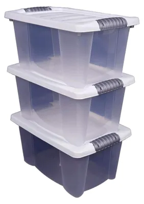 Produktbild von 3er Set Stapelboxen mit Deckel 14 Liter - transparent mit weißem Deckel - Multibox 40x30x20 cm