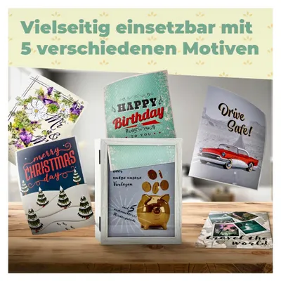 Produktbild von 2 in 1 Bilderrahmen Spardose mit 5 wechselbaren Hintergründen, 18,5 x 14,3 x 6 cm | Aufklappbarer Doppel-Fotorahmen in Holzoptik Weiß, auch als Objekt-Bilderrahmen verwendbar