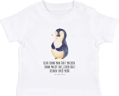 Produktbild von Mr. & Mrs. Panda Babyshirt Pinguin Diät 0. - 6. Monat - Weiß - Geschenk, Abnehmen, Gewicht, Baby  Shirt, T-Shirt, Öko, Pinguine