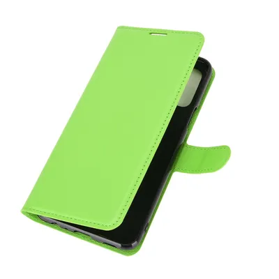 A bright green flip case for a smartphone is shown against a white background. The case is open, revealing the black interior where a phone would be placed.