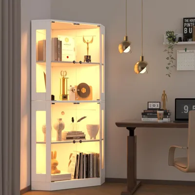 Produktbild von VOWNER Eckdisplay-Schrank mit Glastüren, Beleuchtete Vitrine mit 3 Farblichtern,Sammlerstücke, Bücher, 4-etagiges Bücherregal mit Bewegungssensor, Wei