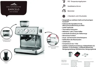 Produktbild von Kávovar ETA Baricelo Číslo položky: ETA718190000 Pákový kávovar s integrovaným mlynčekem a nastavením mletia. Vrátane profesionálnej a pretlakovej misky, 58 mm páky a kanvičky na mlieko.