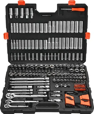 Image de Jeu de douilles, 225 pièces, douilles à embout 9,5, 6,4 et 12,7 mm et jeu de cliquets, SAE et métrique, profondes et peu profondes, trousse à outils mécanique avec embouts, accessoires, coffret de rangement, acier allié CR-V, pour réparation