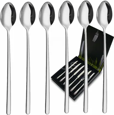 A set of six long-handled spoons displayed in a gift box, with four spoons standing upright in front of the box and two more visible inside the box.