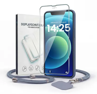 Produktbild von Handyhülle für Apple iPhone 12 mit Handykette und 9H Displayglas Displayschutz Band Kordel Hülle Case Schutzhülle Lavendelblau Blau