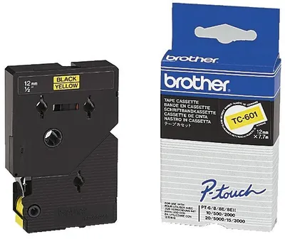 Image de Brother TC601 TC-601 Cartouche de ruban - laminé, 12 mm x 7,7 m, noir sur jaune