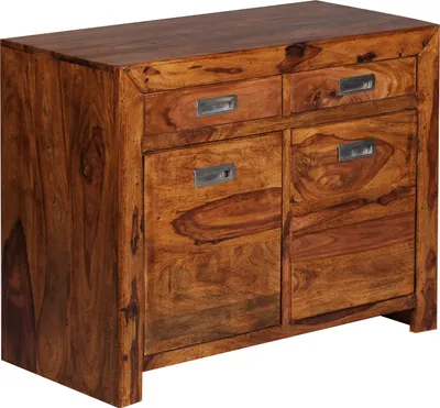 Produktbild von WOHNLING Sideboard MUMBAI Massivholz Sheesham Kommode 90 cm 2 Schubladen 2 Türen Design Highboard Landhaus-Stil braun natur