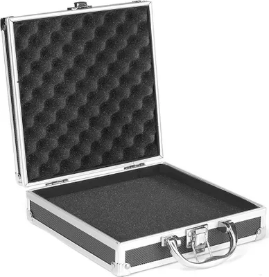 An open aluminum case with foam padding.