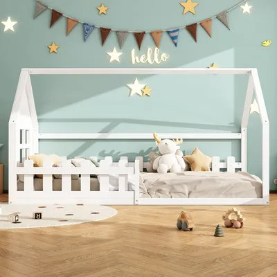 Obrázek produktu pro okwish Dětská postel platformová 90×200 cm s lamelovým roštem, dětská postel ve tvaru domu s ochranným zábradlím pro chlapce a dívky, Bílá (bez matrace)