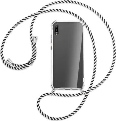 Produktbild von Handykette Backcover-Schutzhülle mit Band (Metall silberfarben) für Huawei Y6 2019 - schwarz/weiß gestreift