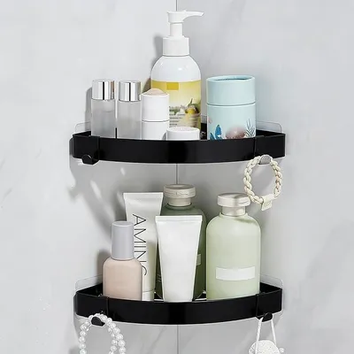 Produktbild von PolkaHome® Duschregal Eckig, Edelstahl, Klebend, Schwarz - Wandablage mit Haken für Bad und Küche