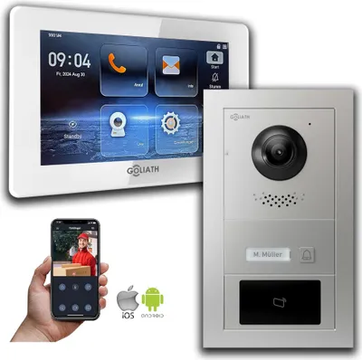 Produktbild von Goliath IP Video Türsprechanlage mit Kamera 7-Zoll RFID Silber  : Aufputzdose : 7 Zoll in Weiß : 1 Monitor Monitor Anzahl: 1 Monitor Monitor Auswahl: 7 Zoll in Weiß Türklingel Montagedose: Aufputzdose