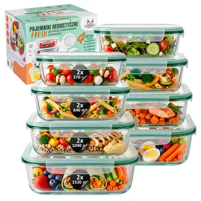 Produktbild von SuperButelki.pl – Lunchbox, Lebensmittelbehälter, 8 Stück, 370 ml, 630 ml, 1000 ml, 1500 ml Glas und luftdicht, organisieren Sie Ihre Küche!