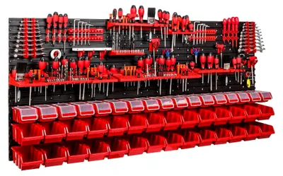 Produktbild von Werkzeugwand Lagersystem - 1728 x 780 mm - Lochwand SET mit Werkzeughaltern und roten Stapelboxen mit Deckel - Wandregal Werkstattregal Schüttenregal Sichtlagerkästen