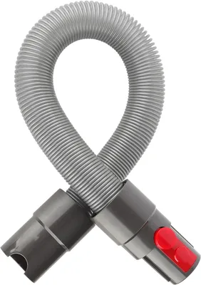 A grey corrugated vacuum hose with grey connectors, one of which has red buttons.