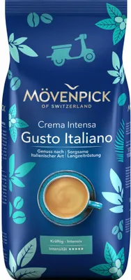 A bag of Mövenpick coffee beans with a picture of a cup of coffee.