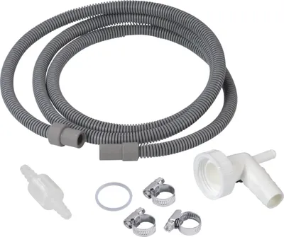 A collection of parts for a dryer drain hose set.