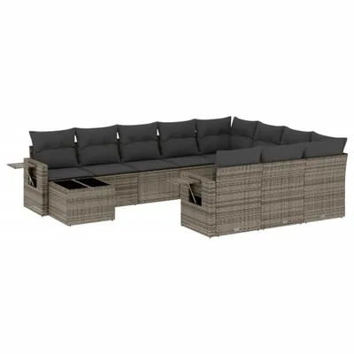 Produktbild von Modulares Garten-Loungesofa-Set, 11-teilig, für Terrasse & Balkon, aus UV-beständigem Poly Rattan mit Hartglas-Tisch und dunkelgrauen Kissen