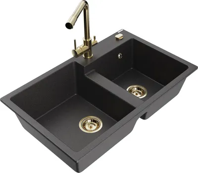 Produktbild von Mexen Tomas 2-Becken-Granitspüle mit Mischbatterie Duero, Schwarz gesprenkelt - 6516-76-671600-50